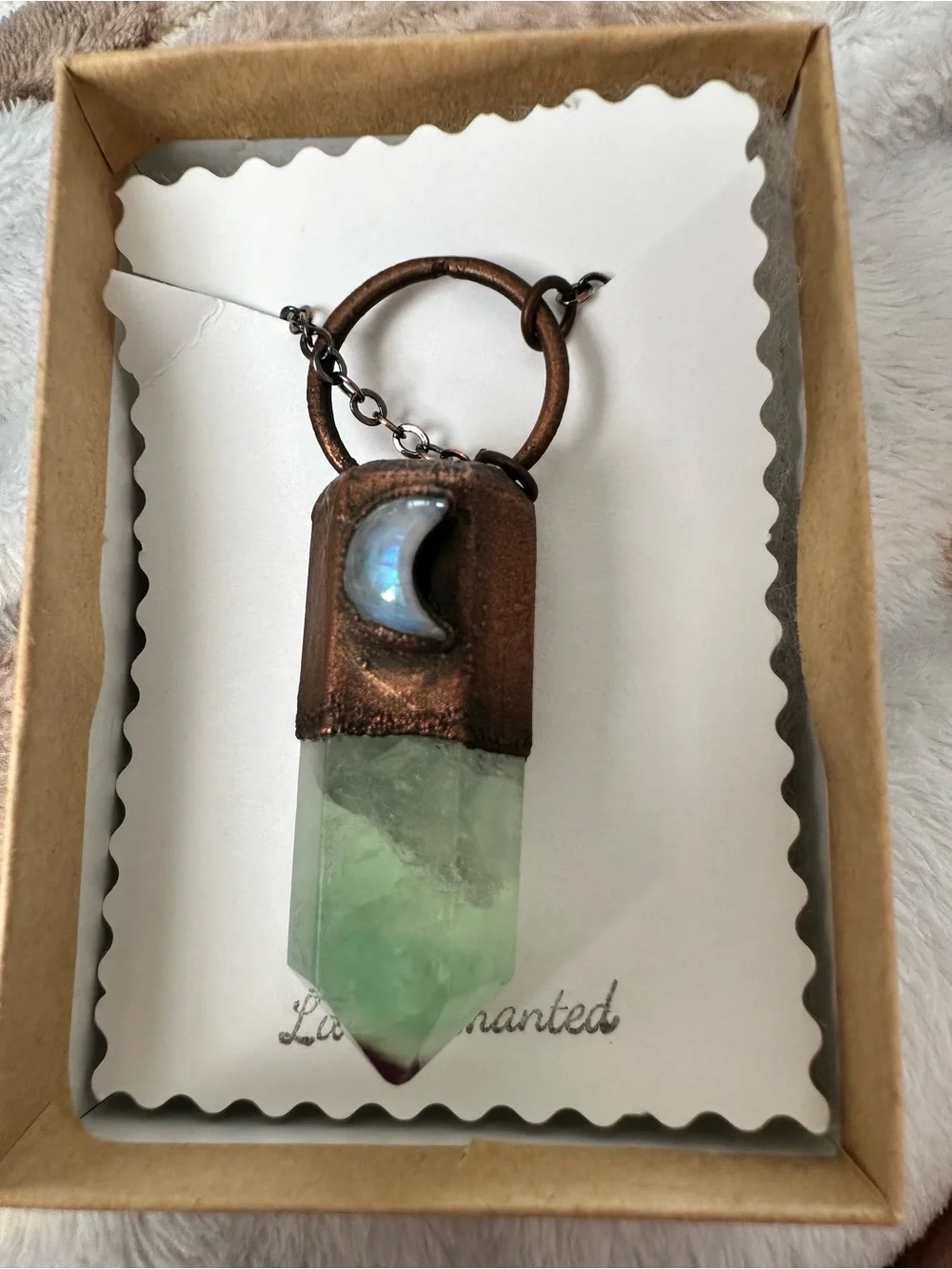 Enchanted by Cara Fluorite  Pendant with Crescent Moonstone Necklace 24” new